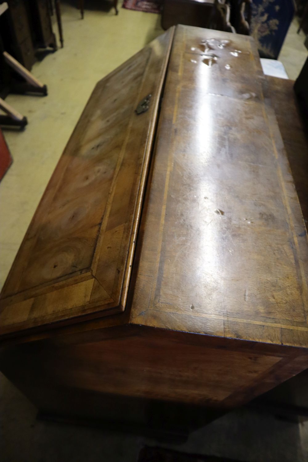 A Georgian style walnut and cross-banded bureau, width 107cm depth 54cm height 110cm